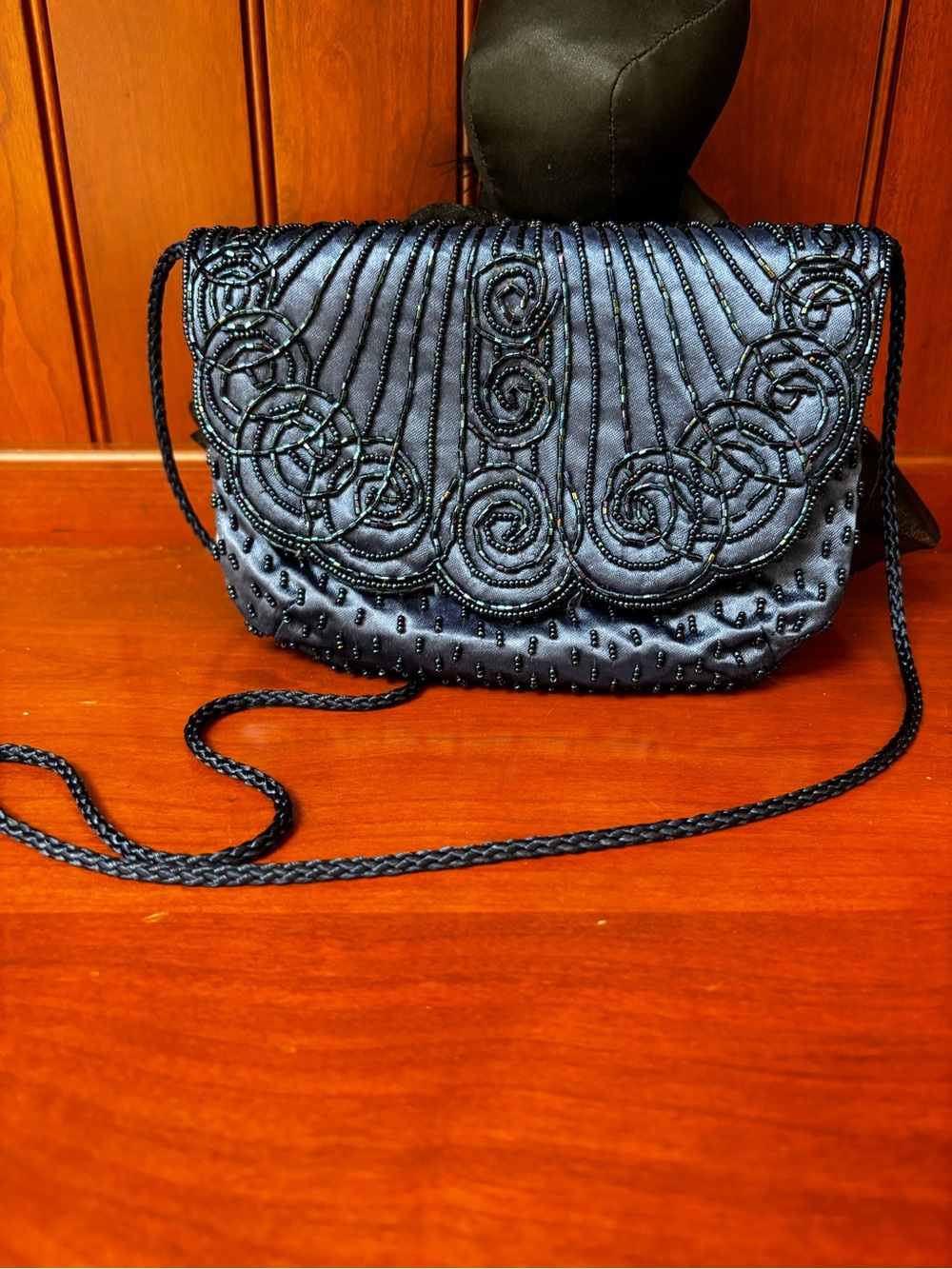 Vintage 1950s Like-New Magid Elegant Navy Beaded Crossbody Evening Bag